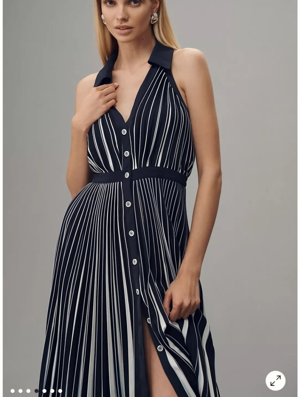 Anthropologie Halter Pleated Navy and White Striped Midi Dress Sailor Nautical - Picture 3 of 16